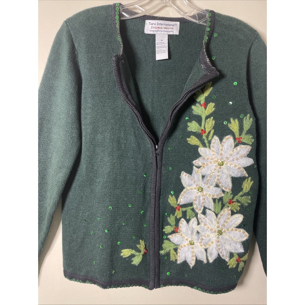 Tiara International Christmas Cardigan Sweater Womens M Green Poinsettia Big 90s - Picture 5 of 12